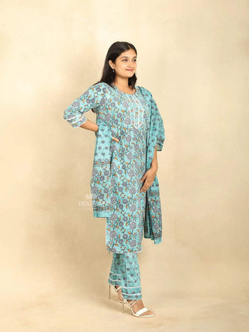 Blue Cotton Straight cut Salwar Suit Adorned with Floral Prints and Thread work along with Dupatta - Diadem