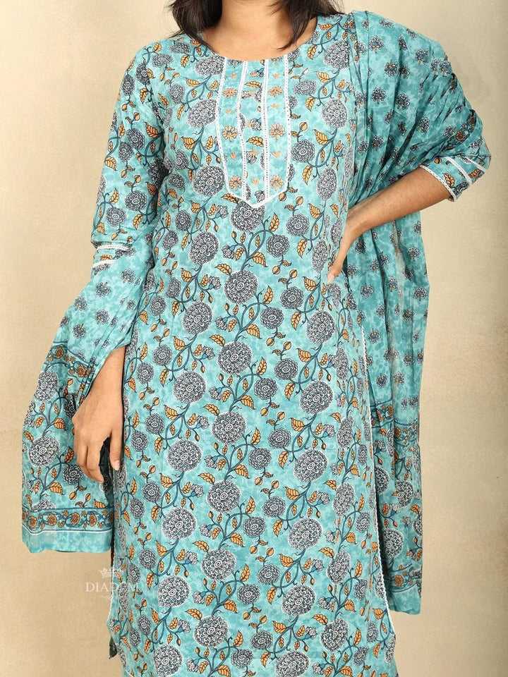 Blue Cotton Straight cut Salwar Suit Adorned with Floral Prints and Thread work along with Dupatta - Diadem