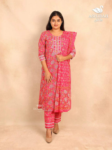 Pink Straight Cut Cotton Salwar Suit with Floral Prints and Thread work paired with Dupatta - Diadem