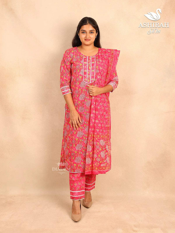 Pink Straight Cut Cotton Salwar Suit with Floral Prints and Thread work paired with Dupatta - Diadem