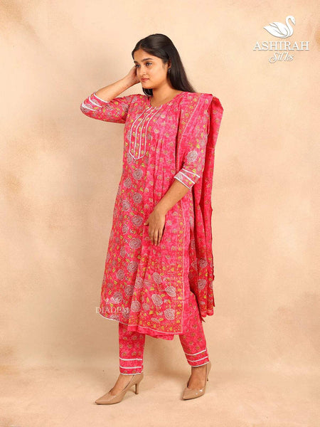 Pink Straight Cut Cotton Salwar Suit with Floral Prints and Thread work paired with Dupatta - Diadem