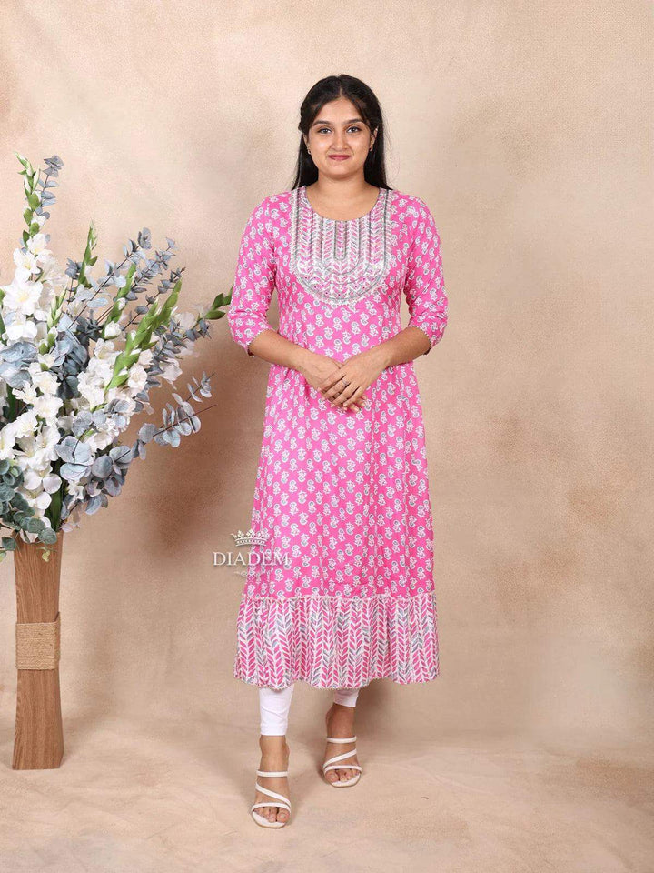 Pink Cotton Kurti Top Adorned with Floral Prints and Sequence - Diadem