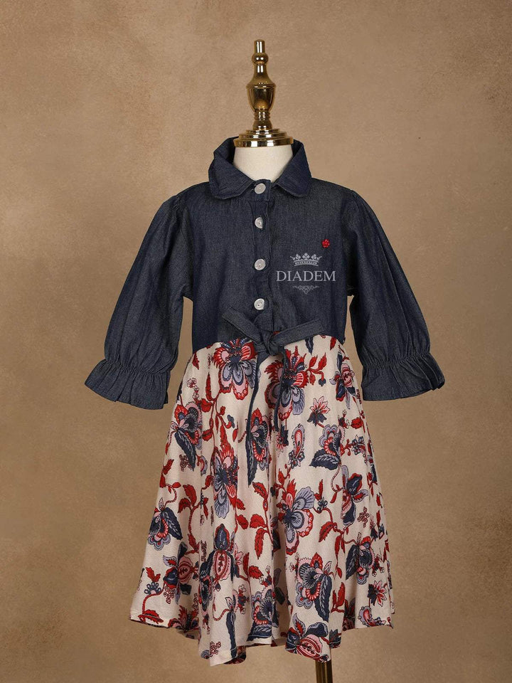 Dark Blue Western Frock with Flower Design - Diadem