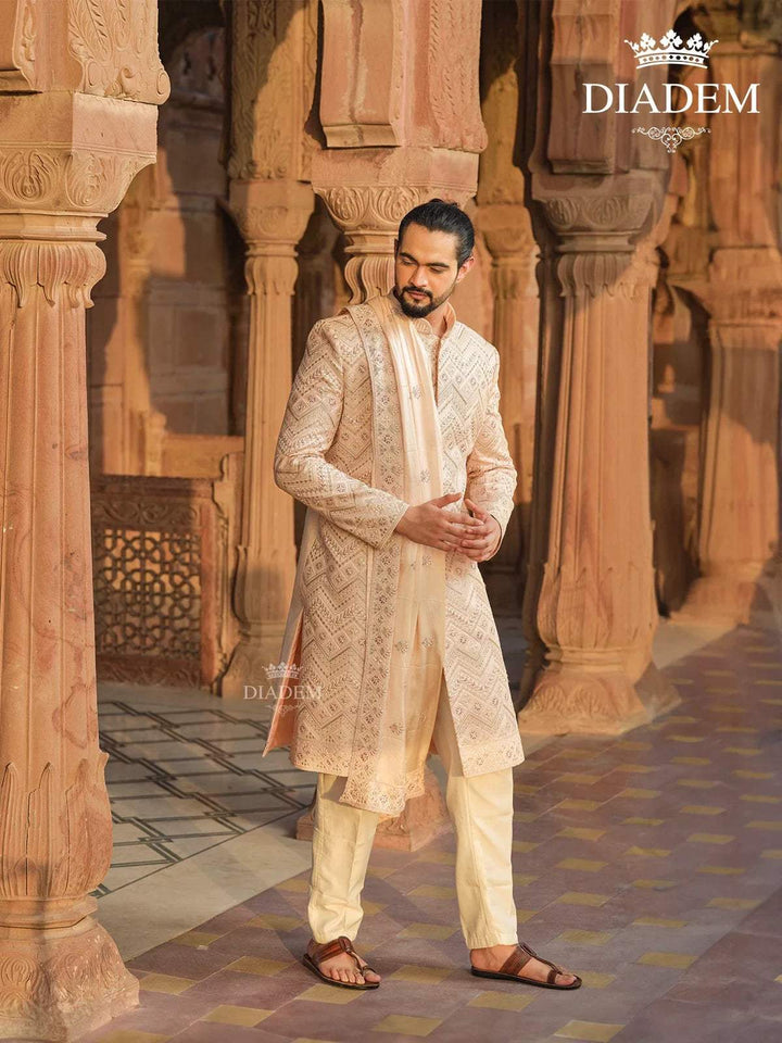 Light Peach Rose Raw Silk Sherwani Suit with Thread work Embroidery paired with Dupatta - Diadem