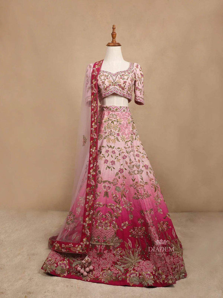 Light Pink Raw Silk Bridal Lehenga for Women with Threadwork Embroidery - Diadem