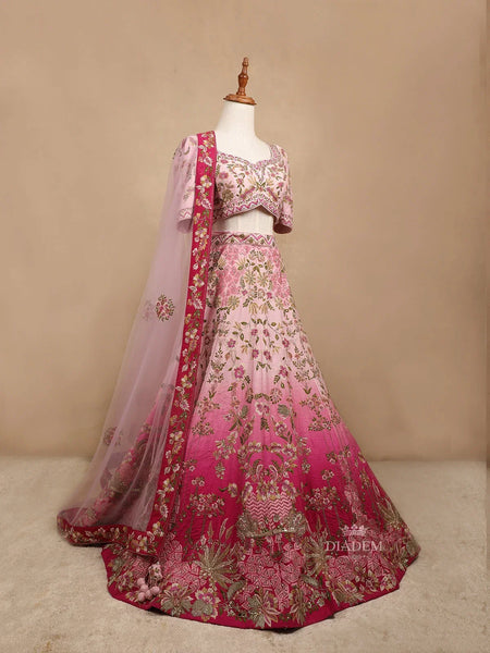 Light Pink Raw Silk Bridal Lehenga for Women with Threadwork Embroidery - Diadem