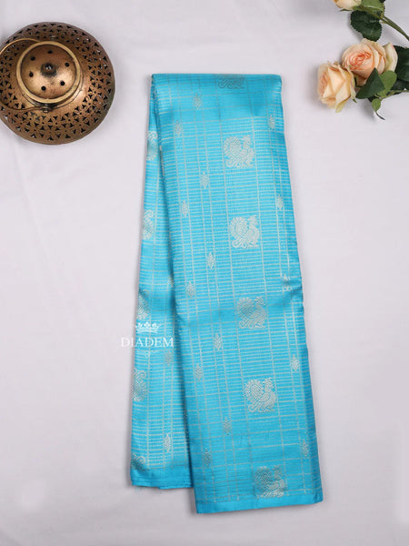 Sky Blue Pure Kanchipuram Bridal Silk Saree with Stripes and Peacock Motif on the body and Without Border - Diadem