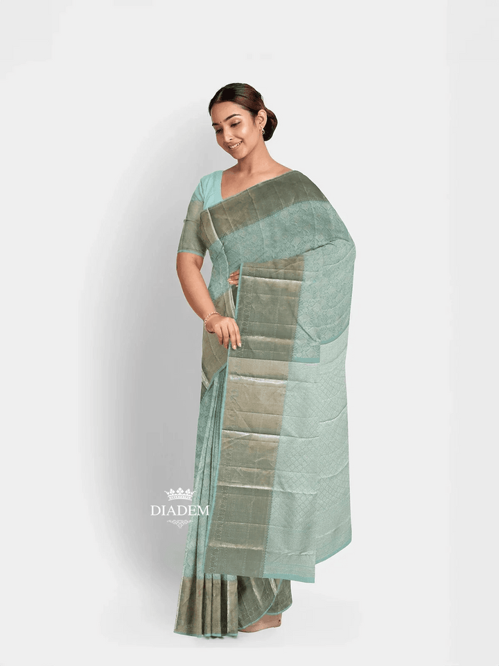 Blue Pure Kanchipuram Bridal Silk Saree with Zari Brocade on the body and Zari Border - Diadem