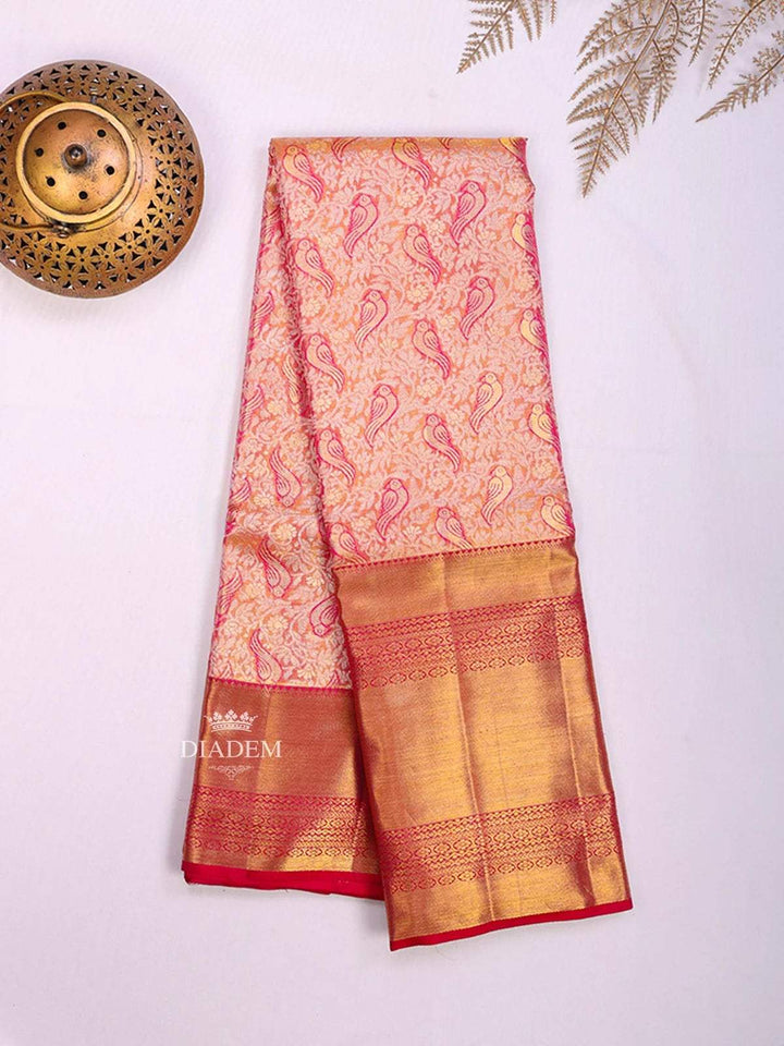 Pink Pure Kanchipuram Bridal Silk Saree with Floral Motif on the body and Contrast Zari Border - Diadem