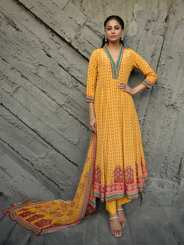 Yellow Floral Printed Synthetic Salwar Suit - Diadem