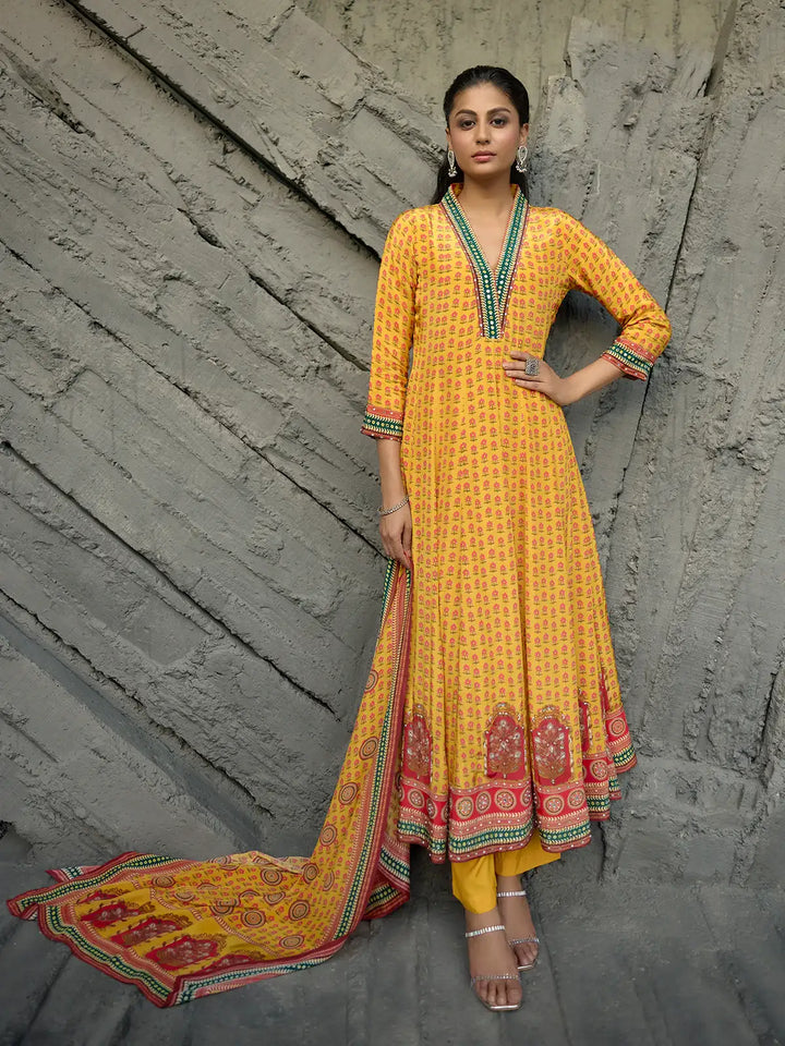Yellow Floral Printed Synthetic Salwar Suit - Diadem