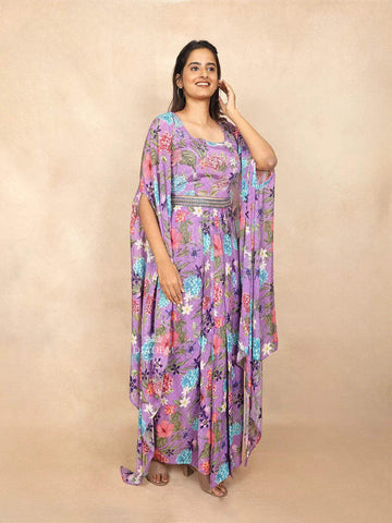 Purple Lehenga Embellished with Sequins and Floral Designs Paired with Overcoat - Diadem