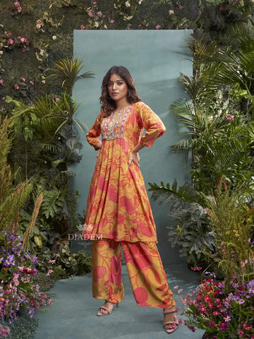 Mustard Yellow Crepe Palazzo Salwar Suit Adorned with Floral Prints and Beads - Diadem