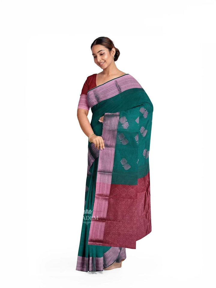 Dark Green Silk Cotton Saree with Zari Butta on the body and Zari Border - Diadem