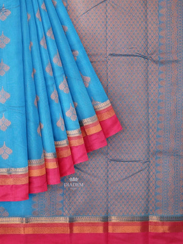 Blue Silk Cotton Saree with Zari Butta on the body and Zari Border - Diadem