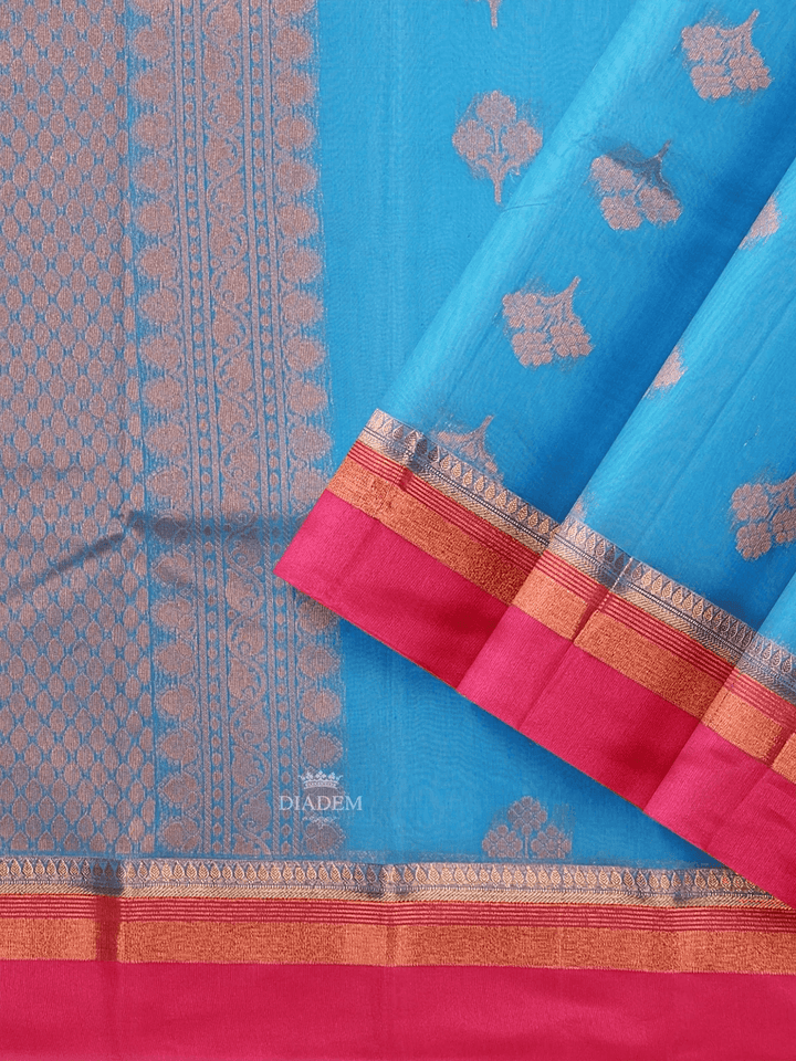 Blue Silk Cotton Saree with Zari Butta on the body and Zari Border - Diadem