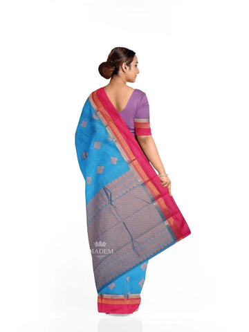 Blue Silk Cotton Saree with Zari Butta on the body and Zari Border - Diadem