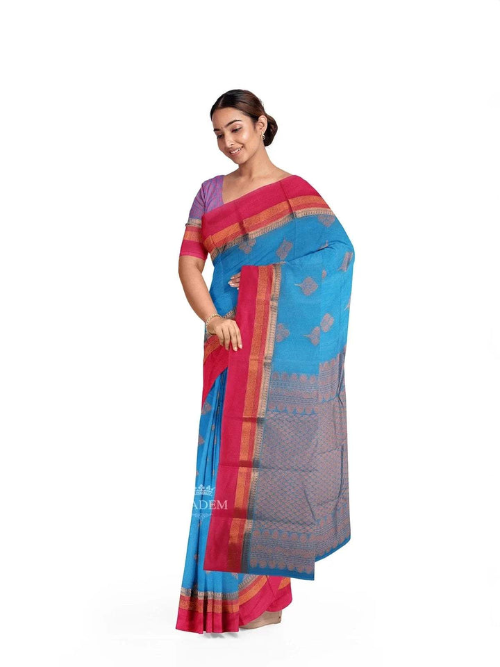 Blue Silk Cotton Saree with Zari Butta on the body and Zari Border - Diadem