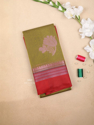 Olive Green Silk Cotton Saree with Flower Motifs Design on the Body with Contrast Border - Diadem