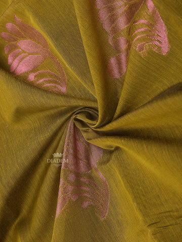 Olive Green Silk Cotton Saree with Flower Motifs Design on the Body with Contrast Border - Diadem