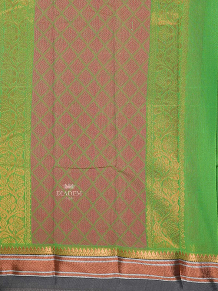 Green Silk Cotton Saree with Double Leaf Motif Design on the Body with Contrast Border - Diadem