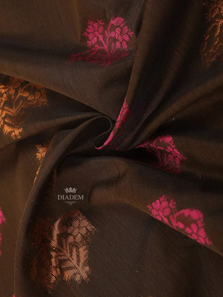 Brown Silk Cotton Saree with Flower Motifs on the Body and without Border - Diadem