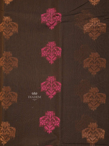 Brown Silk Cotton Saree with Flower Motifs on the Body and without Border - Diadem