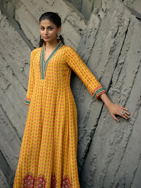 Yellow Floral Printed Synthetic Salwar Suit - Diadem