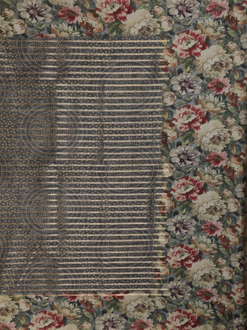 Grey Semi Tussar Silk Floral and Stripes Printed Saree - Diadem