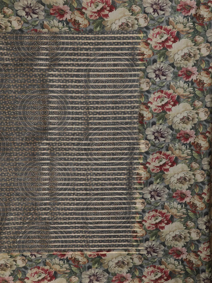 Grey Semi Tussar Silk Floral and Stripes Printed Saree - Diadem