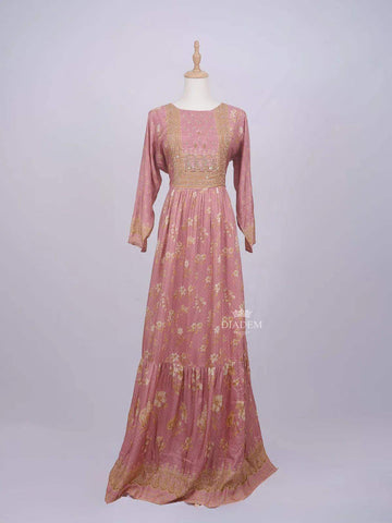 Peach Cotton Long Kurti Top Adorned with Sequins and Flower Design Prints without Dupatta - Diadem