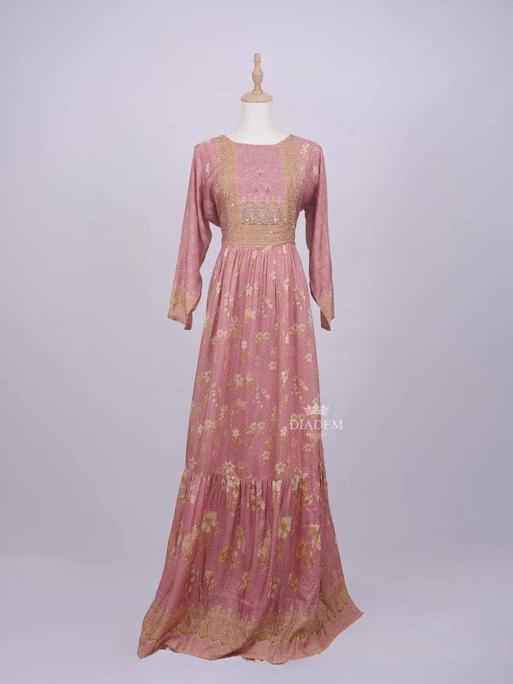 Peach Cotton Long Kurti Top Adorned with Sequins and Flower Design Prints without Dupatta - Diadem