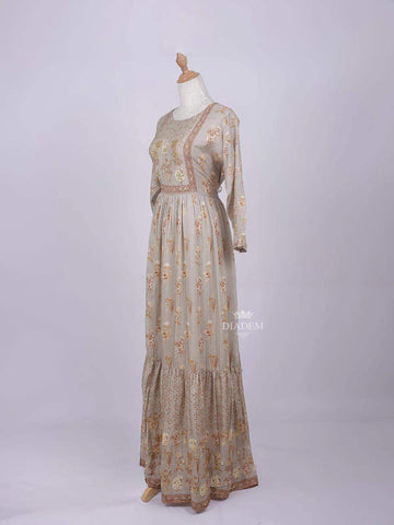 Light Grey Long Kurti Top Adorned with Sequins and Flower Design prints without Dupatta - Diadem