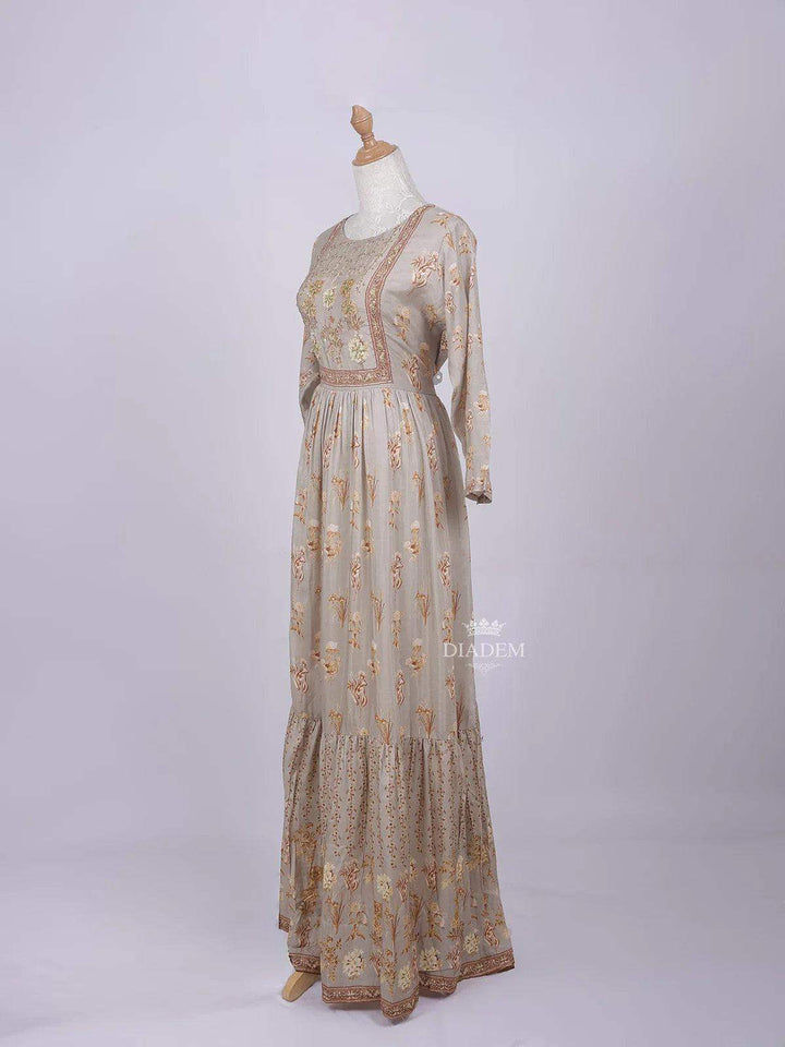 Light Grey Long Kurti Top Adorned with Sequins and Flower Design prints without Dupatta - Diadem