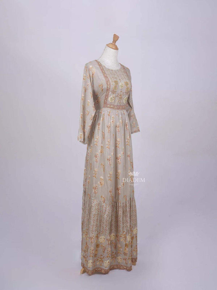 Light Grey Long Kurti Top Adorned with Sequins and Flower Design prints without Dupatta - Diadem