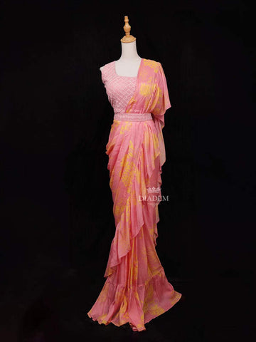 Pink Chiffon Ready to Wear Saree with Floral Prints on the body Paired with Designer Blouse and Waist Belt - Diadem