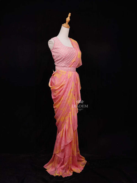 Pink Chiffon Ready to Wear Saree with Floral Prints on the body Paired with Designer Blouse and Waist Belt - Diadem