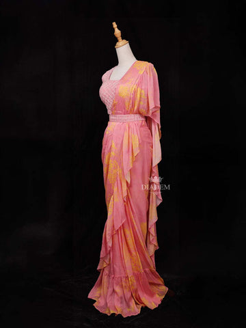 Pink Chiffon Ready to Wear Saree with Floral Prints on the body Paired with Designer Blouse and Waist Belt - Diadem