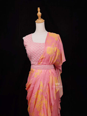 Pink Chiffon Ready to Wear Saree with Floral Prints on the body Paired with Designer Blouse and Waist Belt - Diadem