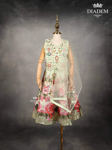 Pista Green Raw Silk Lehenga with Floral Embroidery, Paired with Dupatta - Diadem