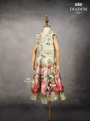 Pista Green Raw Silk Lehenga with Floral Embroidery, Paired with Dupatta - Diadem