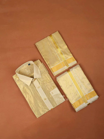 Gold Plain Silk Full-Sleeve Shirt with Matching Dhoti and Towel Set - Diadem