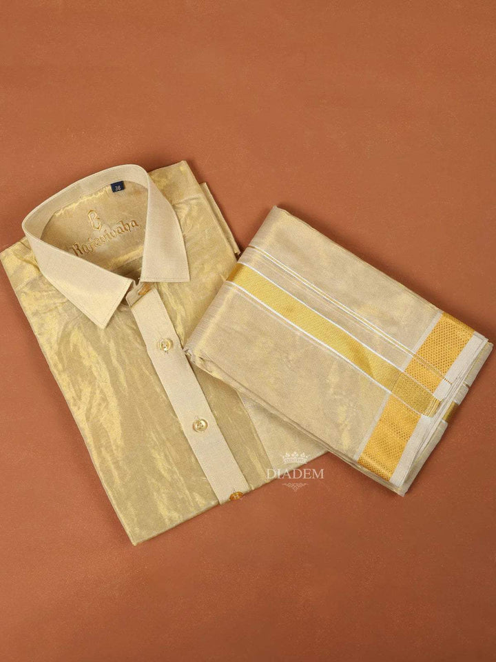 Gold Plain Silk Full-Sleeve Shirt with Matching Dhoti and Towel Set - Diadem