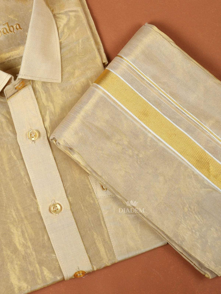 Gold Plain Silk Full-Sleeve Shirt with Matching Dhoti and Towel Set - Diadem