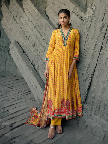 Yellow Floral Printed Synthetic Salwar Suit - Diadem