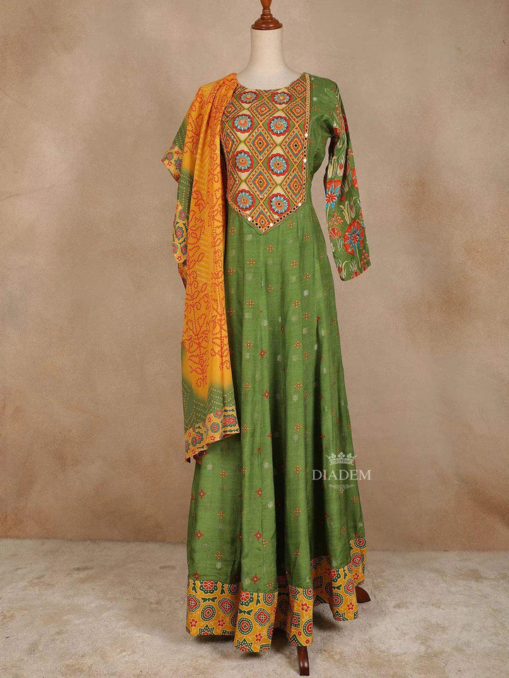 Green Cotton Long Kurti Top Set Adorned with Sequins and Flower Designs Paired with Dupatta - Diadem