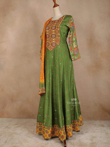 Green Cotton Long Kurti Top Set Adorned with Sequins and Flower Designs Paired with Dupatta - Diadem