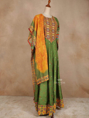 Green Cotton Long Kurti Top Set Adorned with Sequins and Flower Designs Paired with Dupatta - Diadem