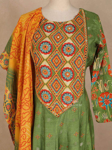 Green Cotton Long Kurti Top Set Adorned with Sequins and Flower Designs Paired with Dupatta - Diadem