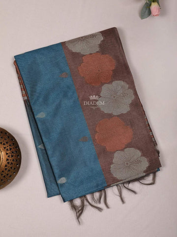 Blue Semi Tussar Silk Saree with Floral Design on the Body with Floral Border - Diadem